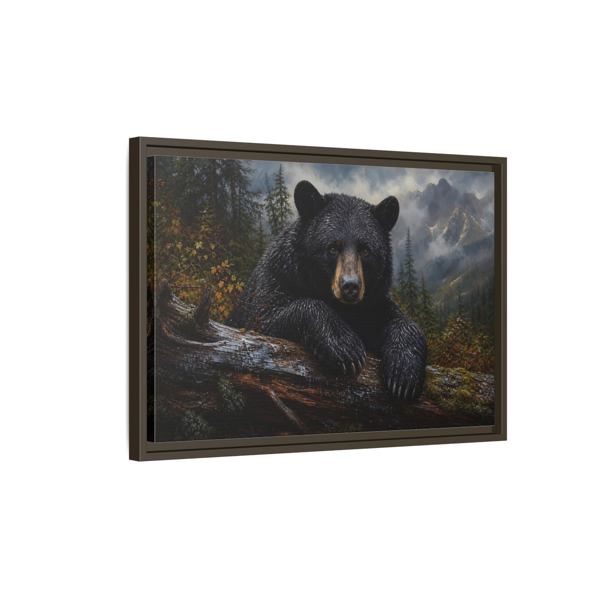 Side Mockup 2. Resting Black Bear shown as framed canvas print