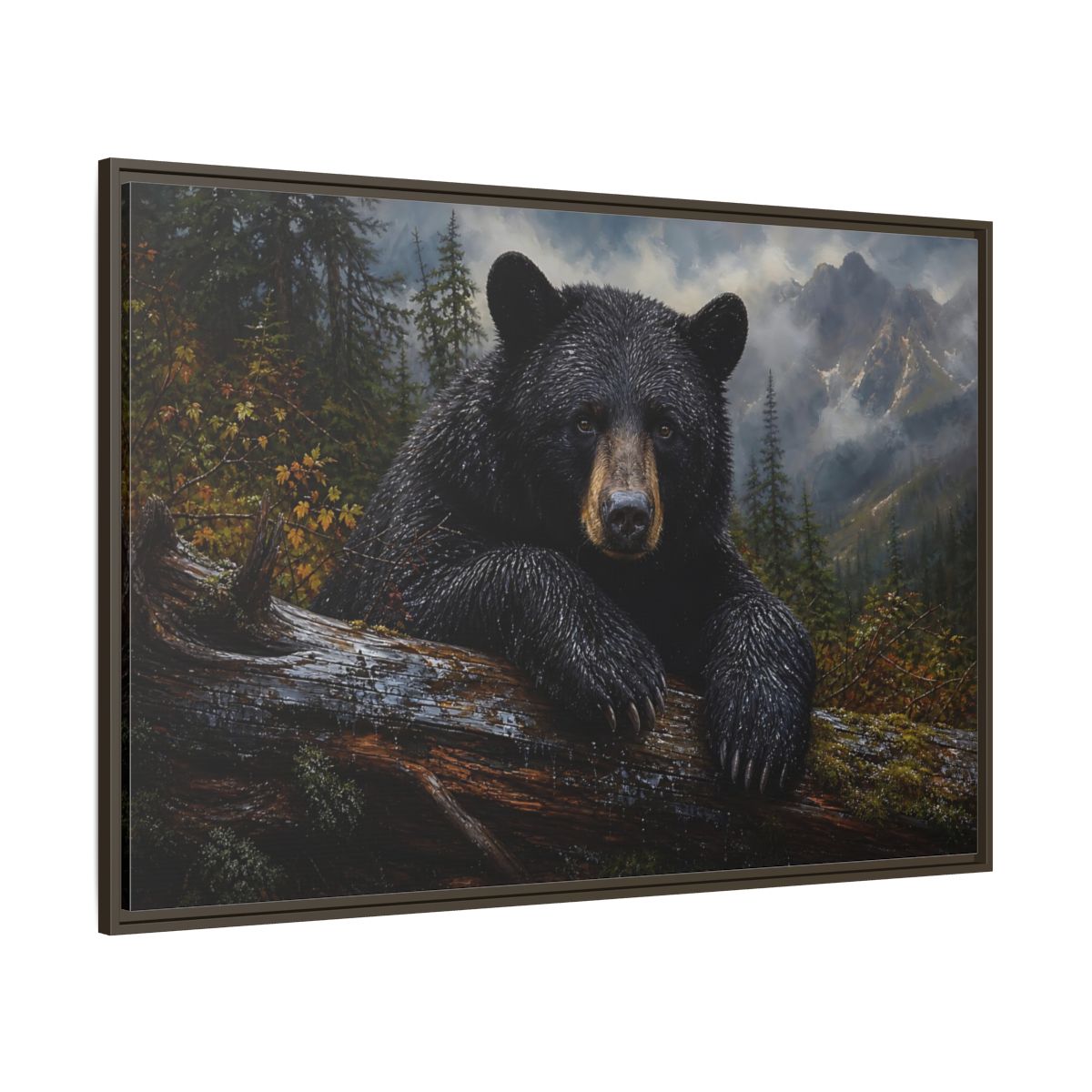 Side Mockup 8. Resting Black Bear shown as framed canvas print