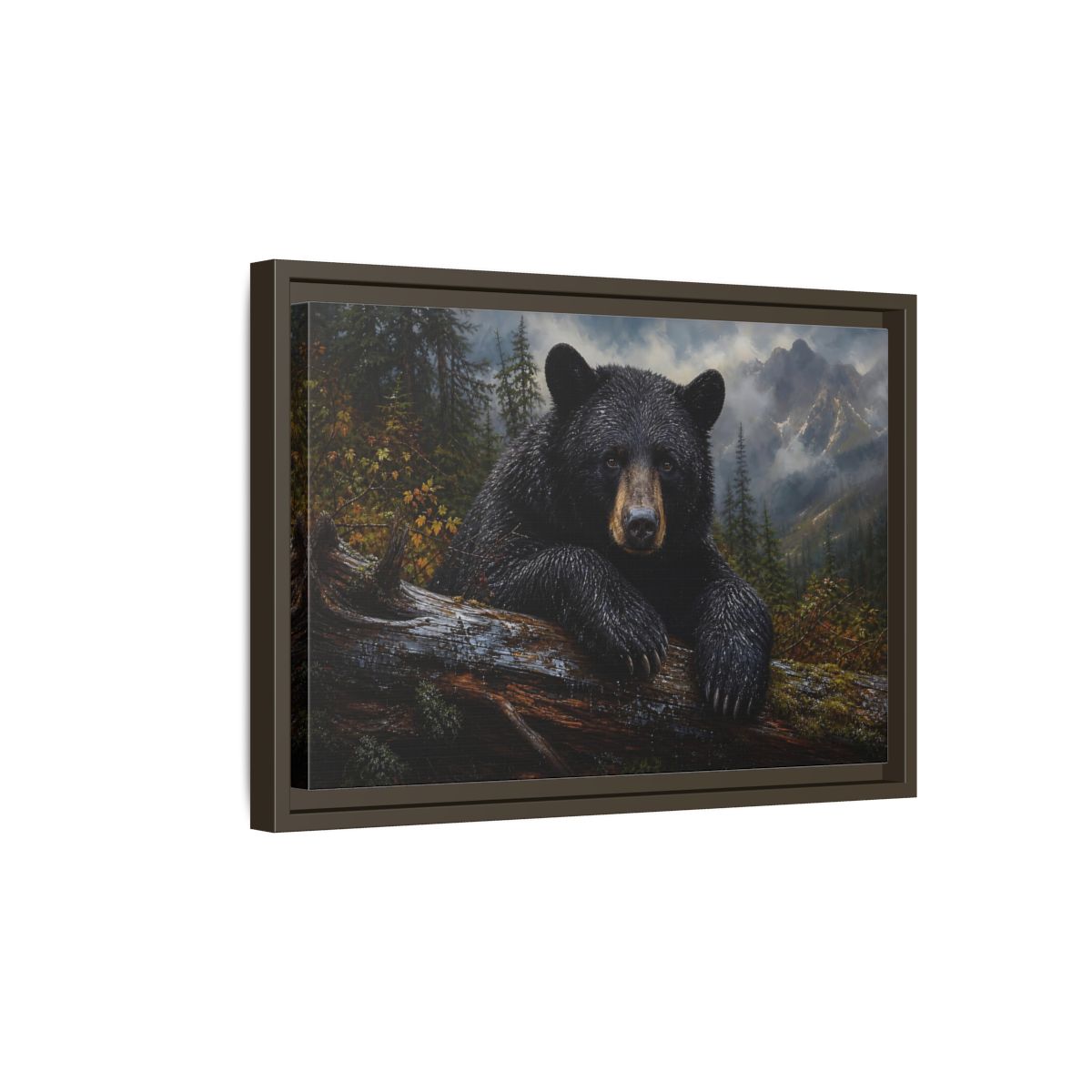 Side Mockup 5. Resting Black Bear shown as framed canvas print