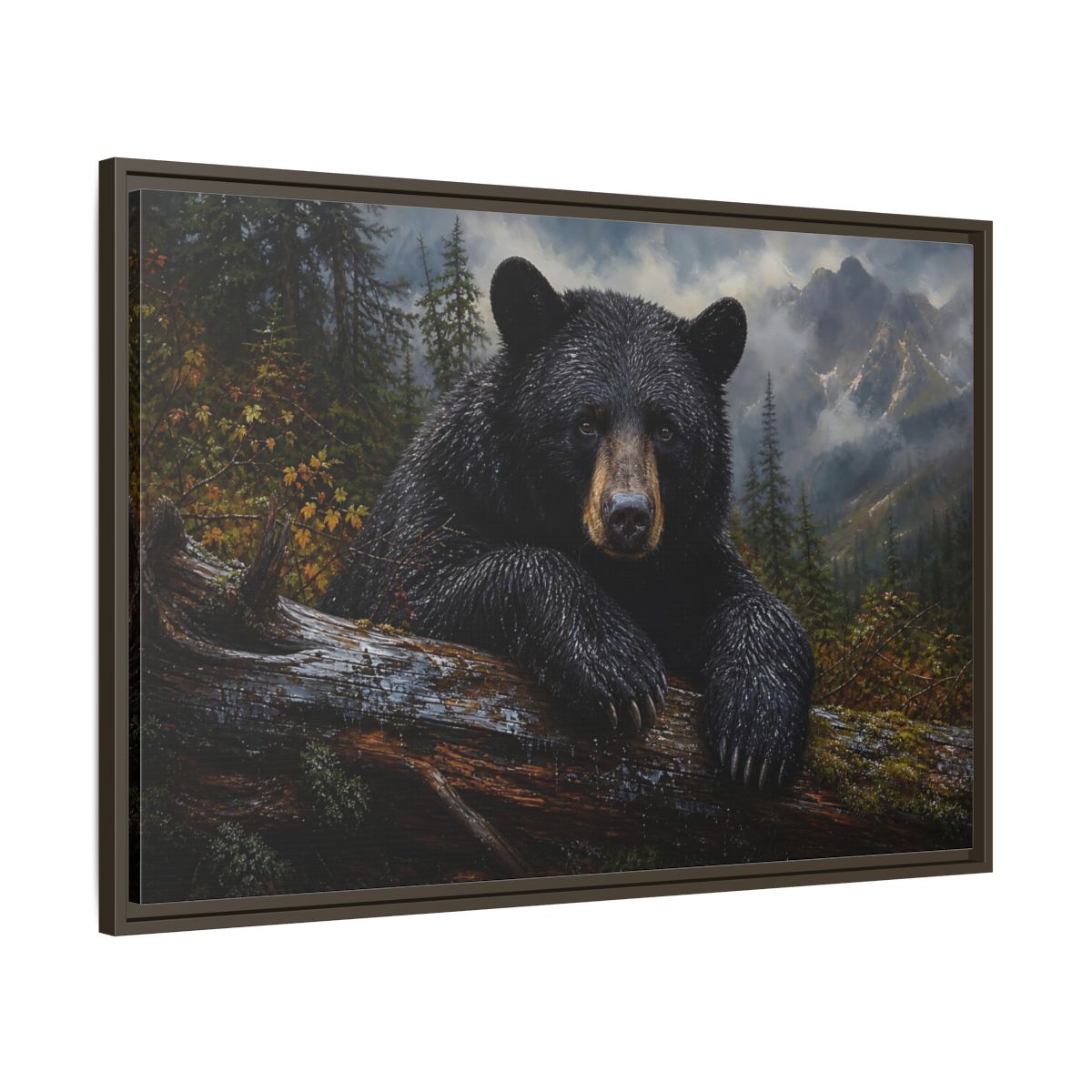 Main Mockup. Resting Black Bear shown as framed canvas print