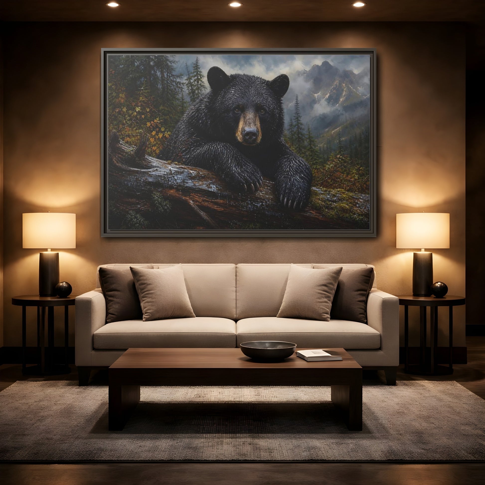 Mockup 2. Resting Black Bear shown as framed canvas print