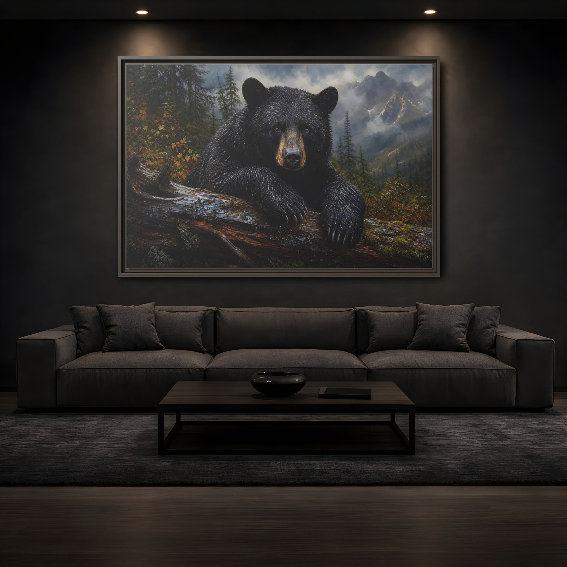 Mockup 3. Resting Black Bear shown as framed canvas print