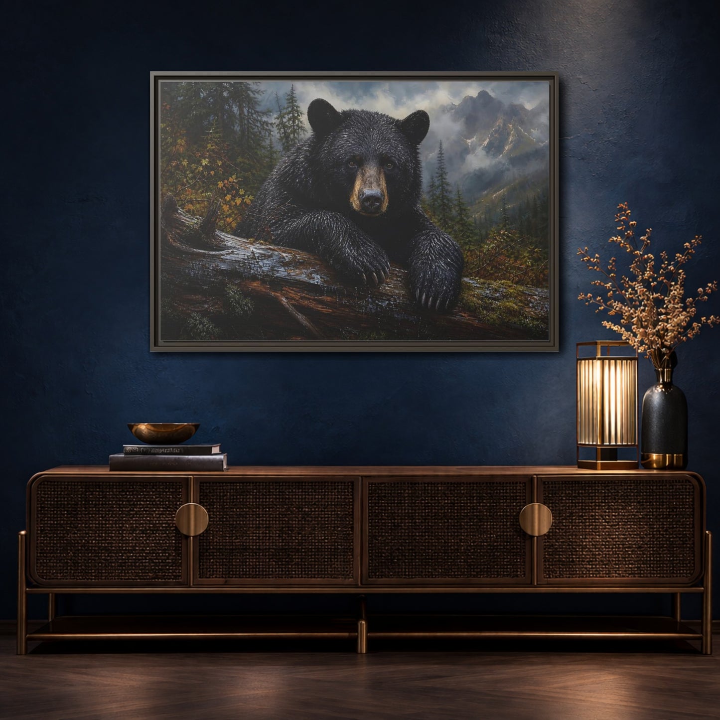 Mockup 4. Resting Black Bear shown as framed canvas print