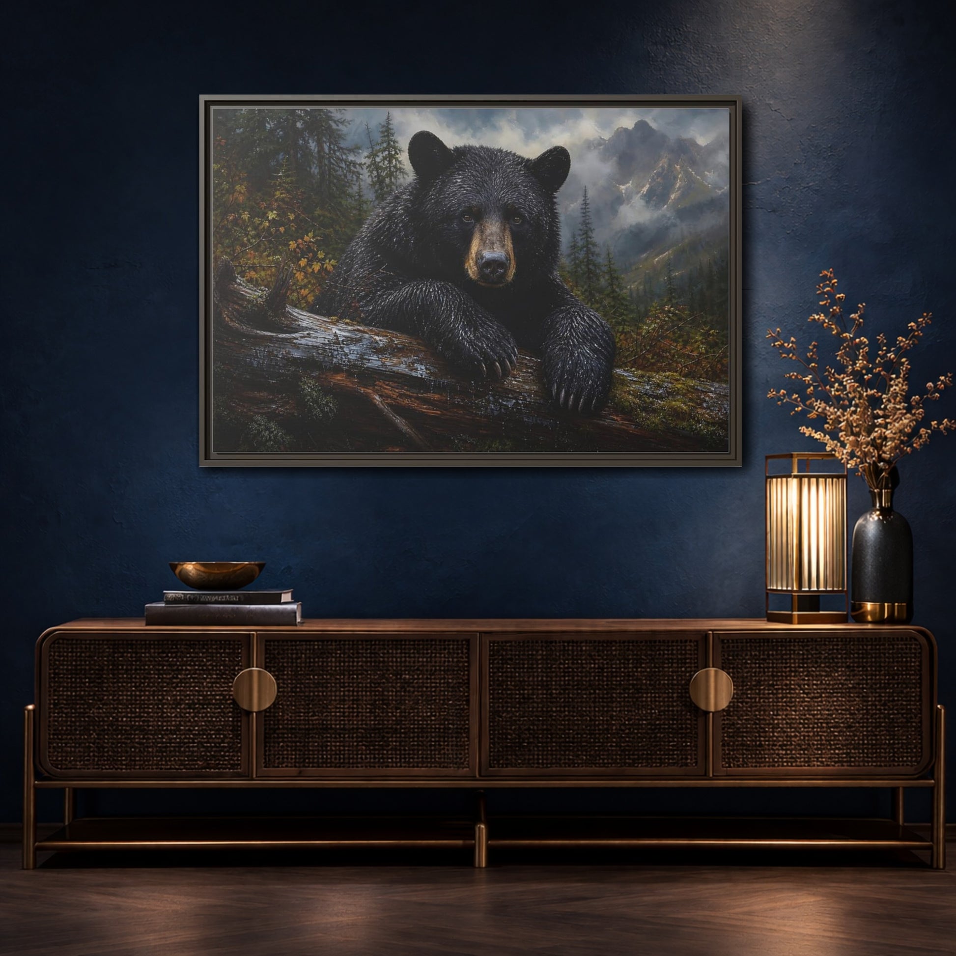 Mockup 4. Resting Black Bear shown as framed canvas print