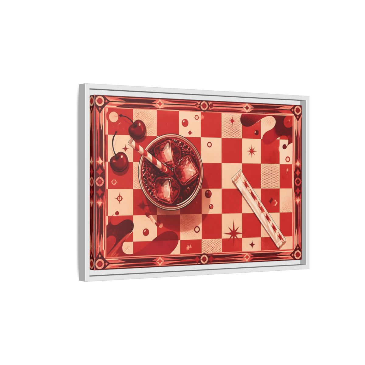 Side Mockup 1. Retro Cherry Soda shown as framed canvas print