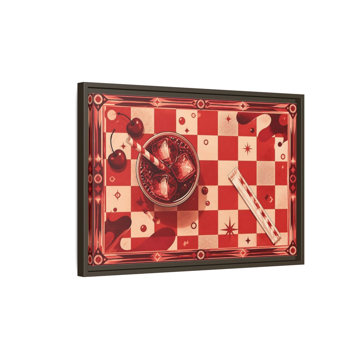 Side Mockup 2. Retro Cherry Soda shown as framed canvas print