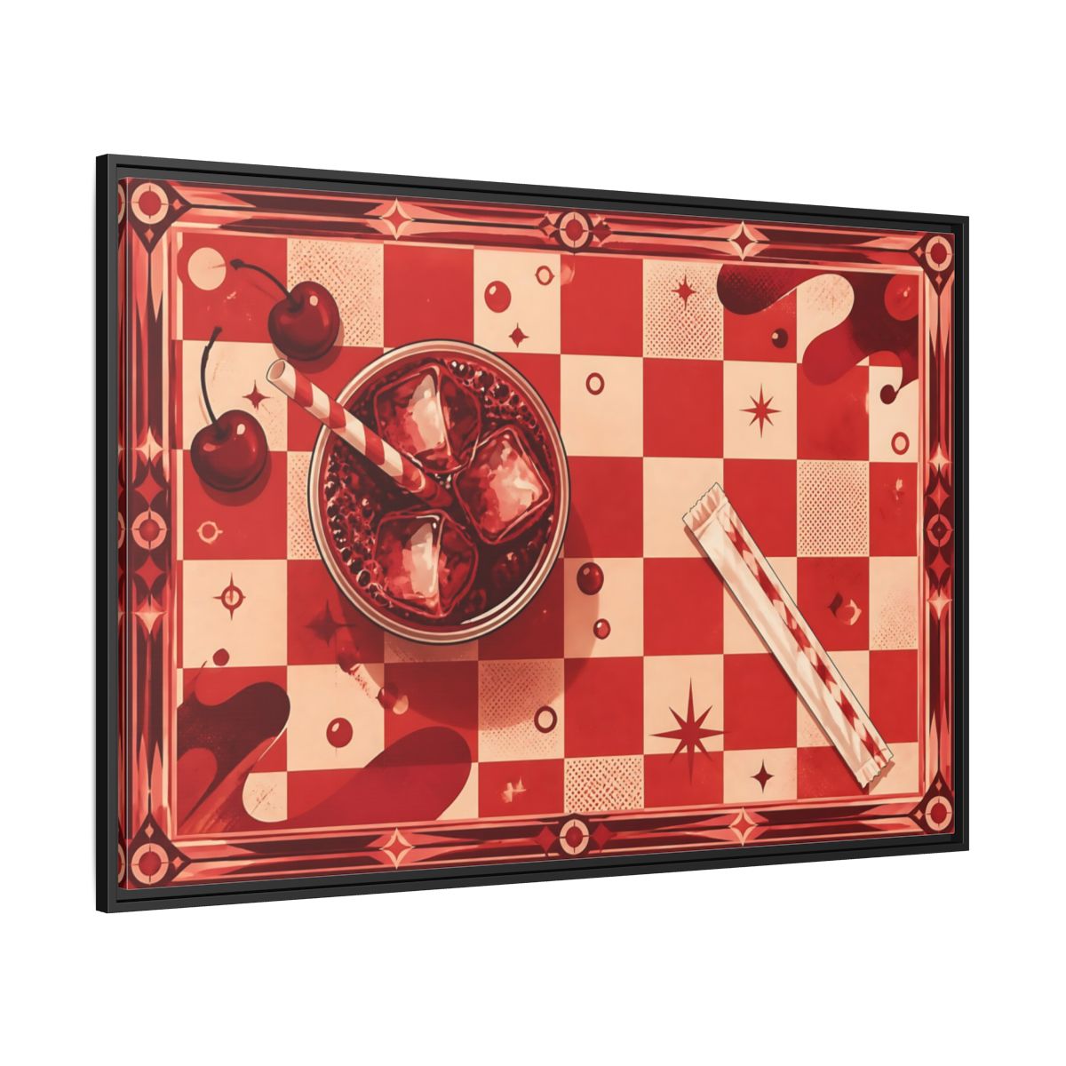 Side Mockup 12. Retro Cherry Soda shown as framed canvas print