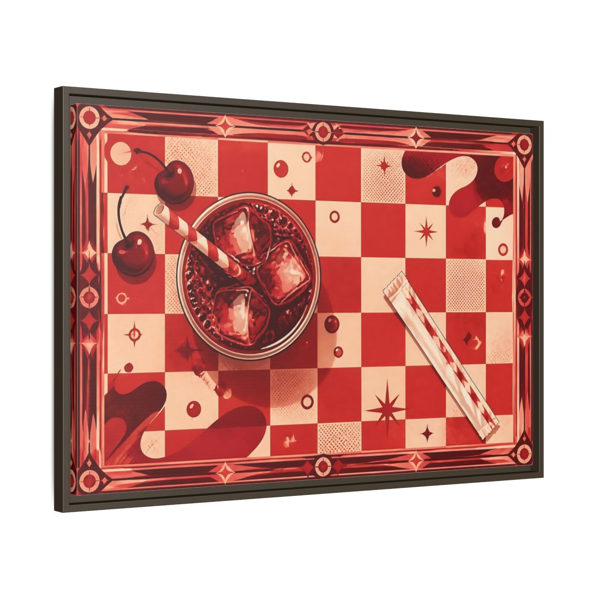 Main Mockup. Retro Cherry Soda shown as framed canvas print