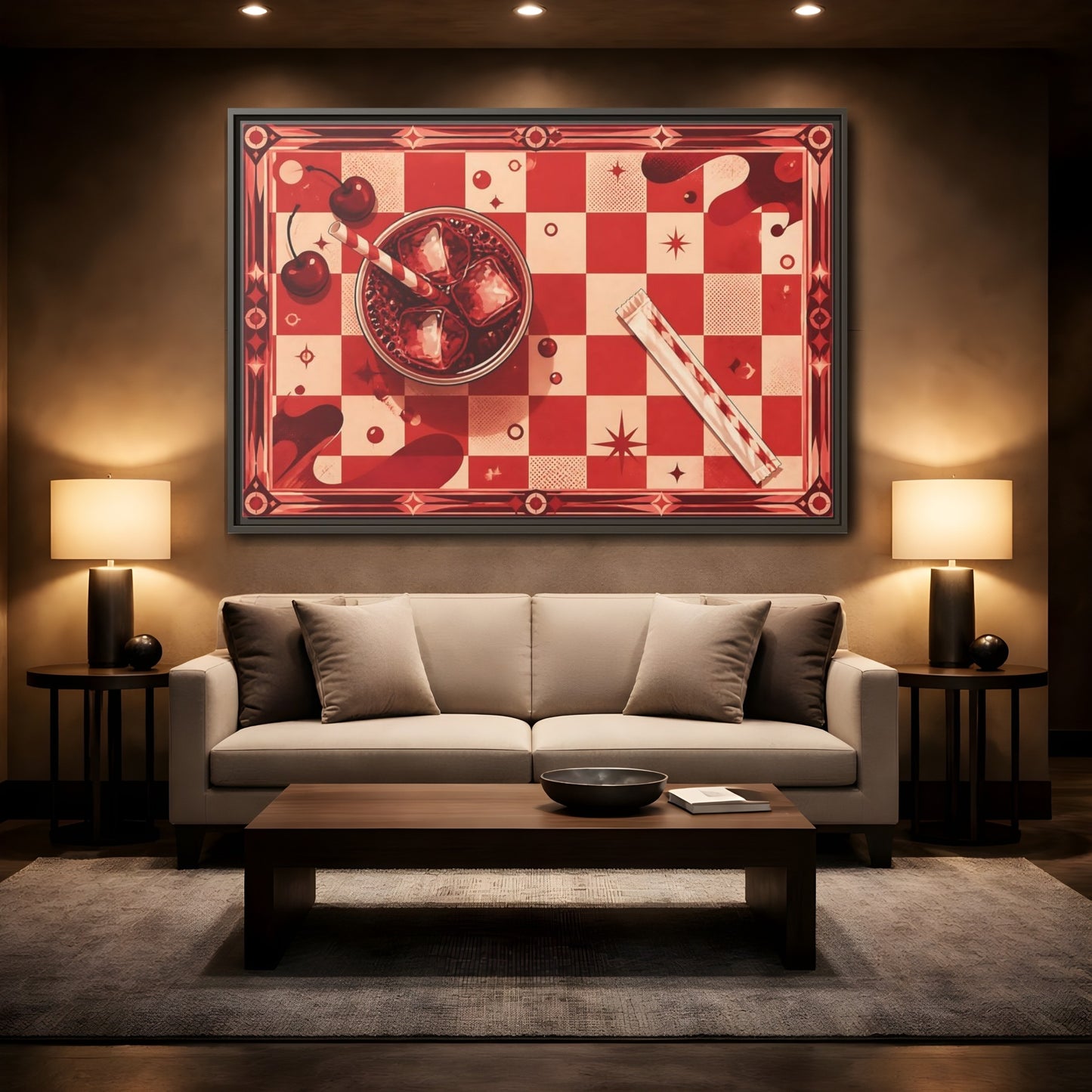 Mockup 2. Retro Cherry Soda shown as framed canvas print