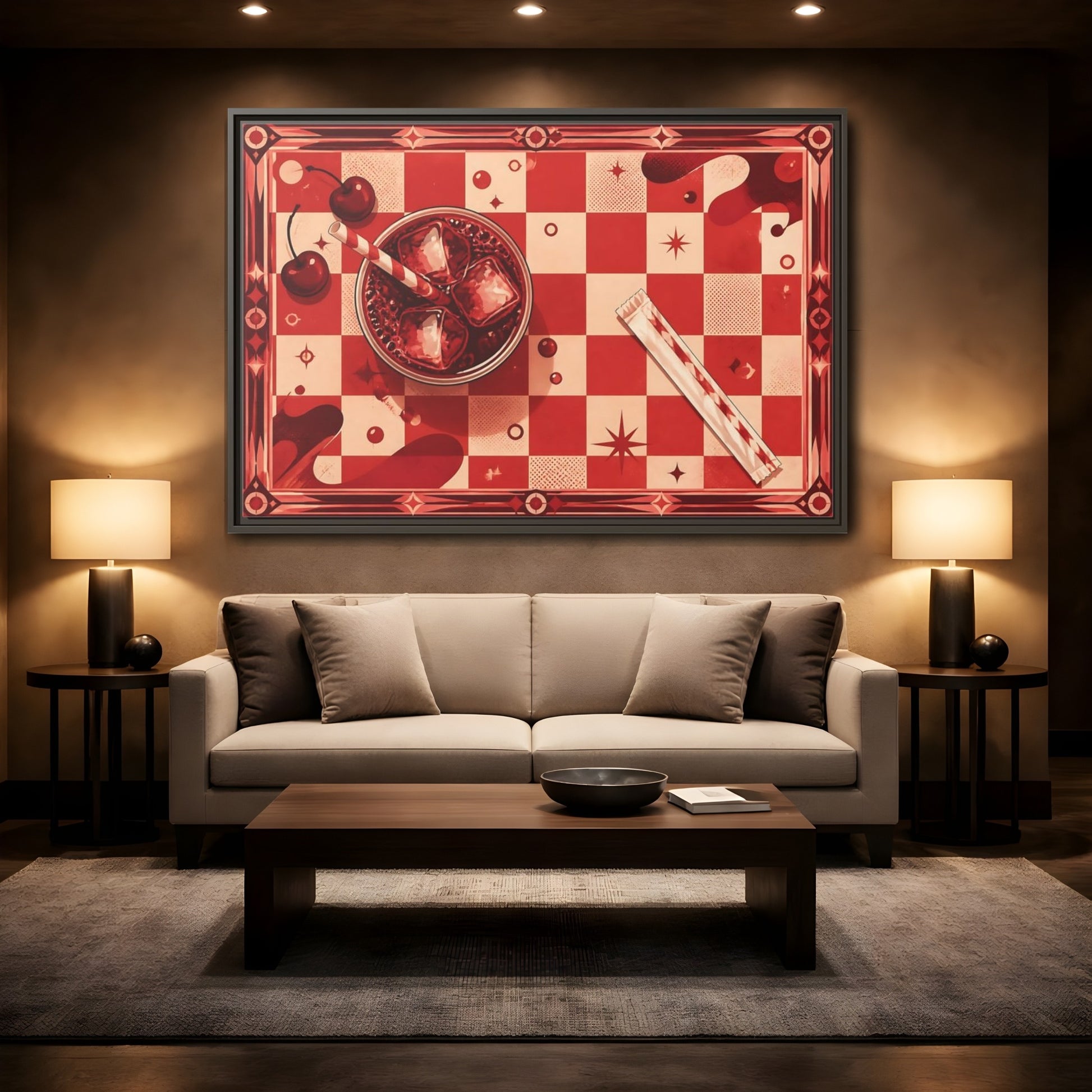 Mockup 2. Retro Cherry Soda shown as framed canvas print