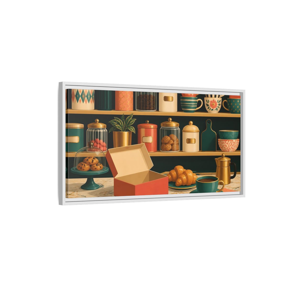 Side Mockup 1. Retro Coffee And Croissants shown as framed canvas print