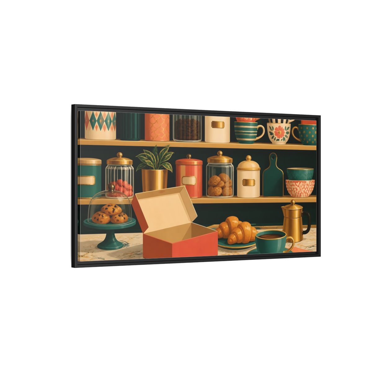Side Mockup 5. Retro Coffee And Croissants shown as framed canvas print