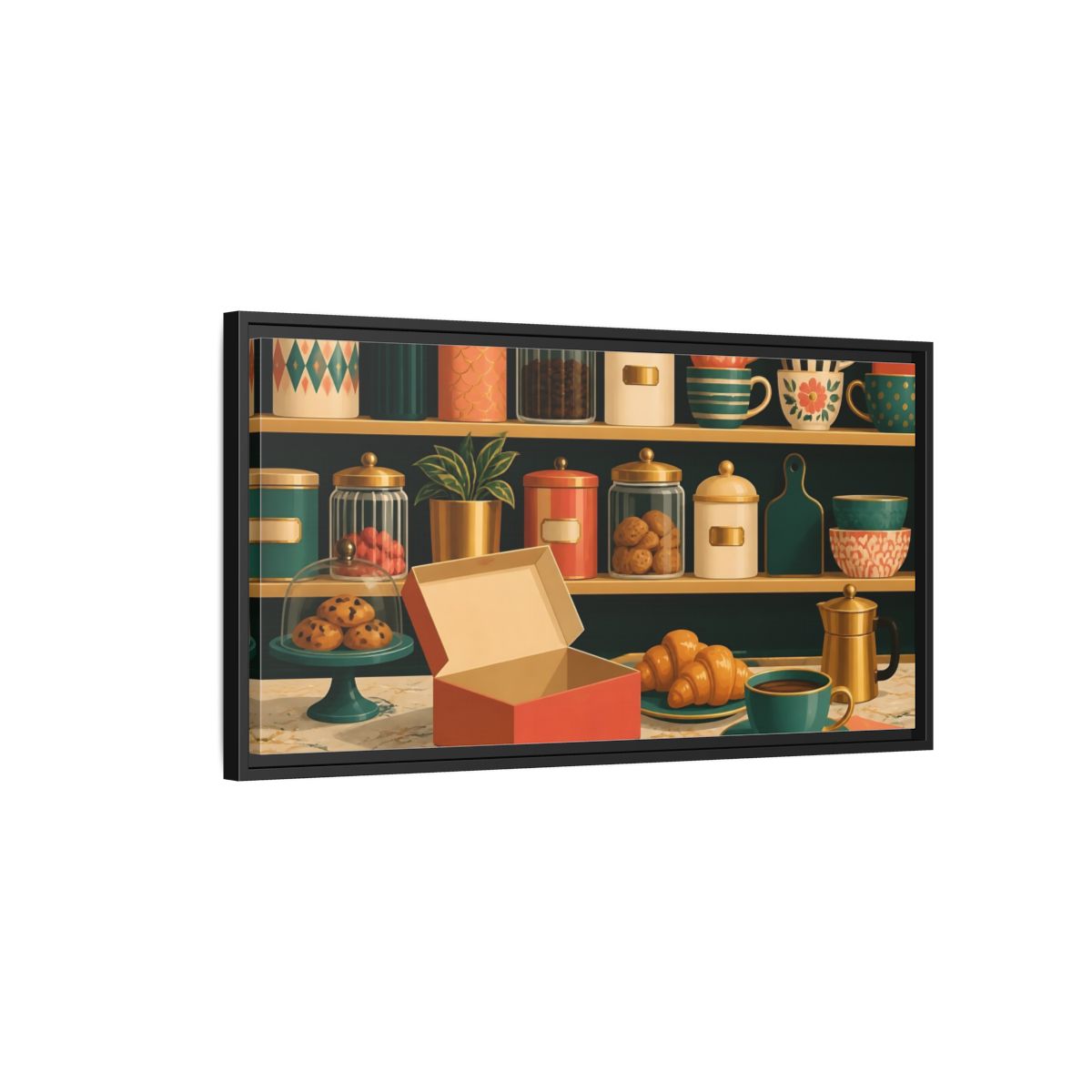 Side Mockup 2. Retro Coffee And Croissants shown as framed canvas print