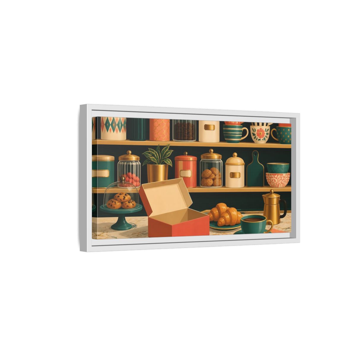Side Mockup 6. Retro Coffee And Croissants shown as framed canvas print