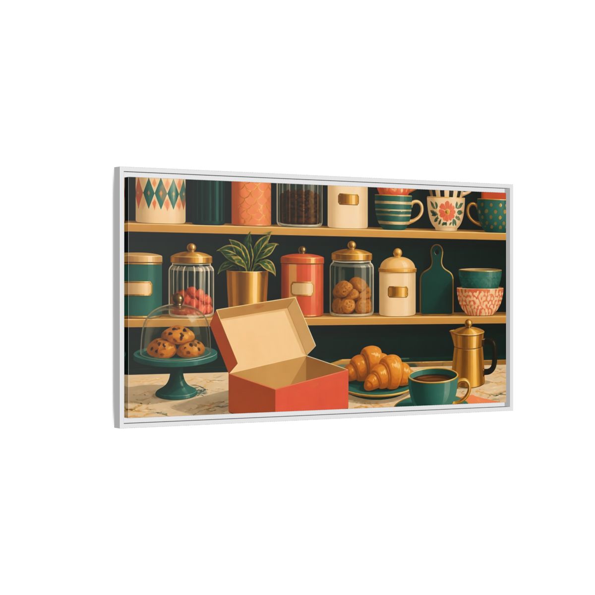 Side Mockup 3. Retro Coffee And Croissants shown as framed canvas print