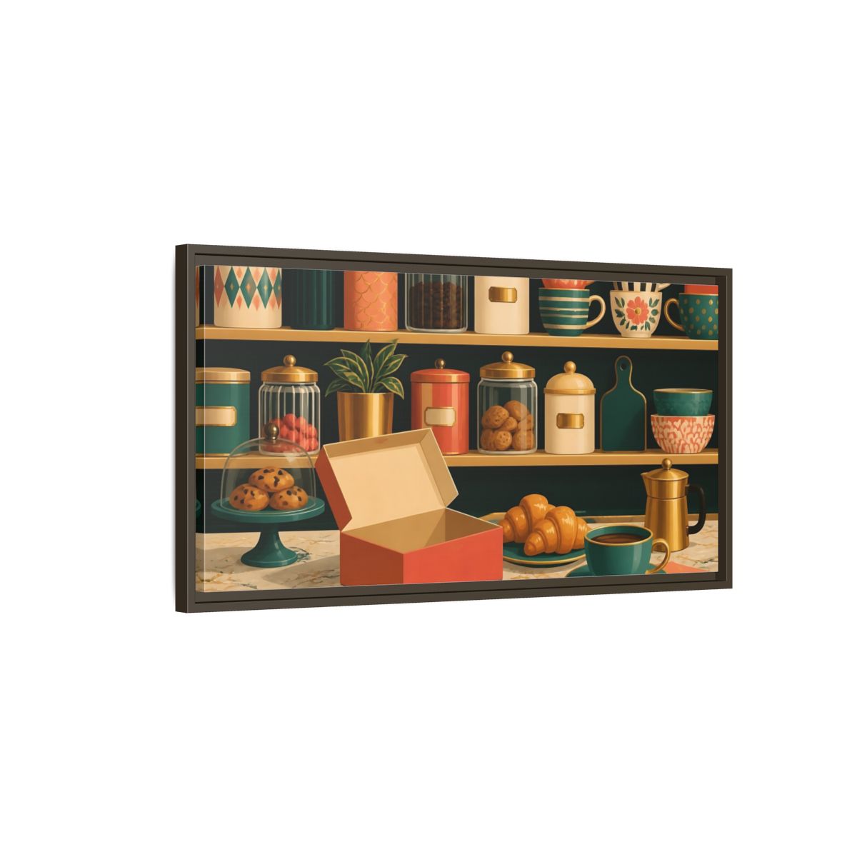 Main Mockup. Retro Coffee And Croissants shown as framed canvas print