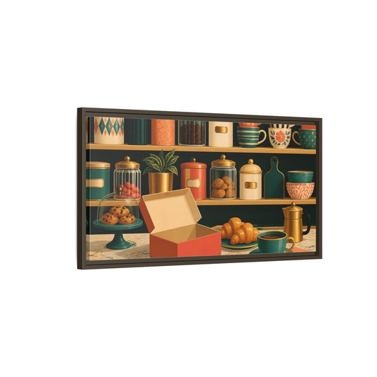 Main Mockup. Retro Coffee And Croissants shown as framed canvas print