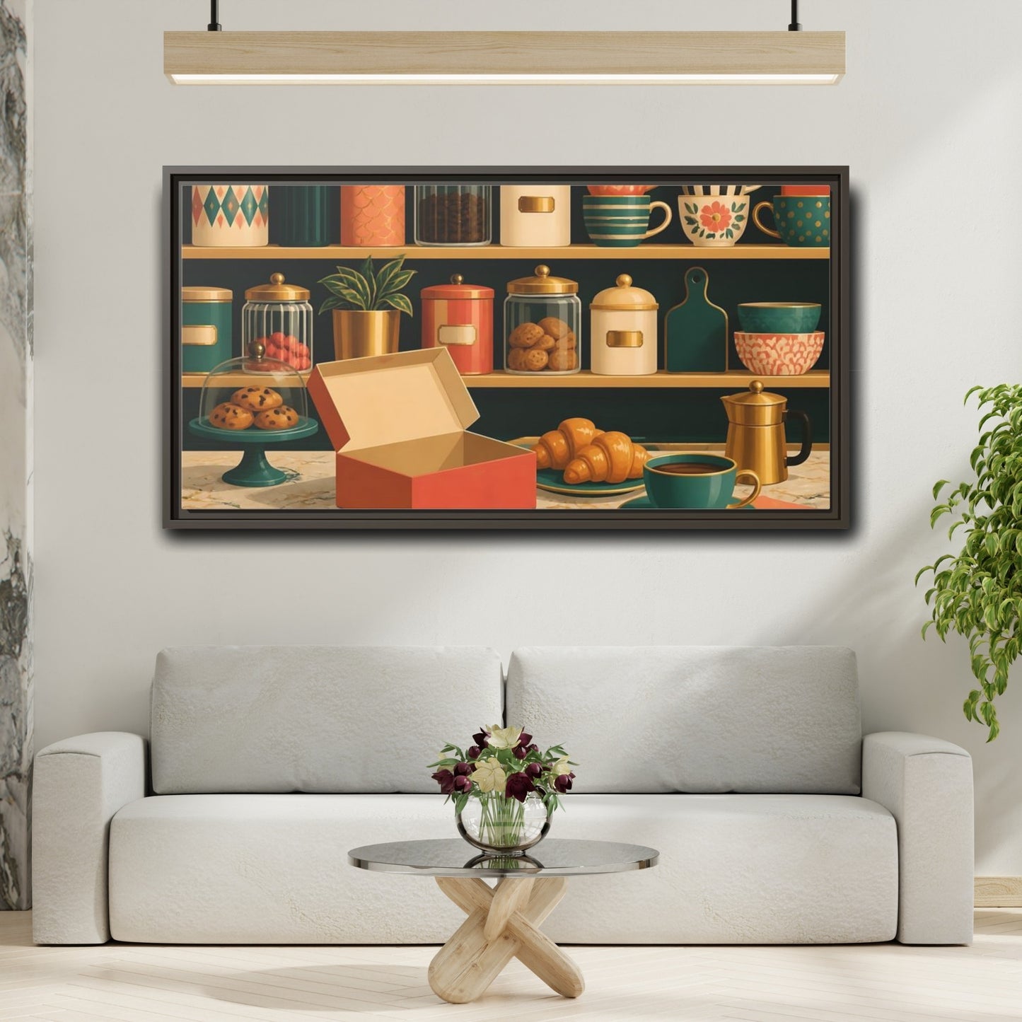 Mockup 2. Retro Coffee And Croissants shown as framed canvas print