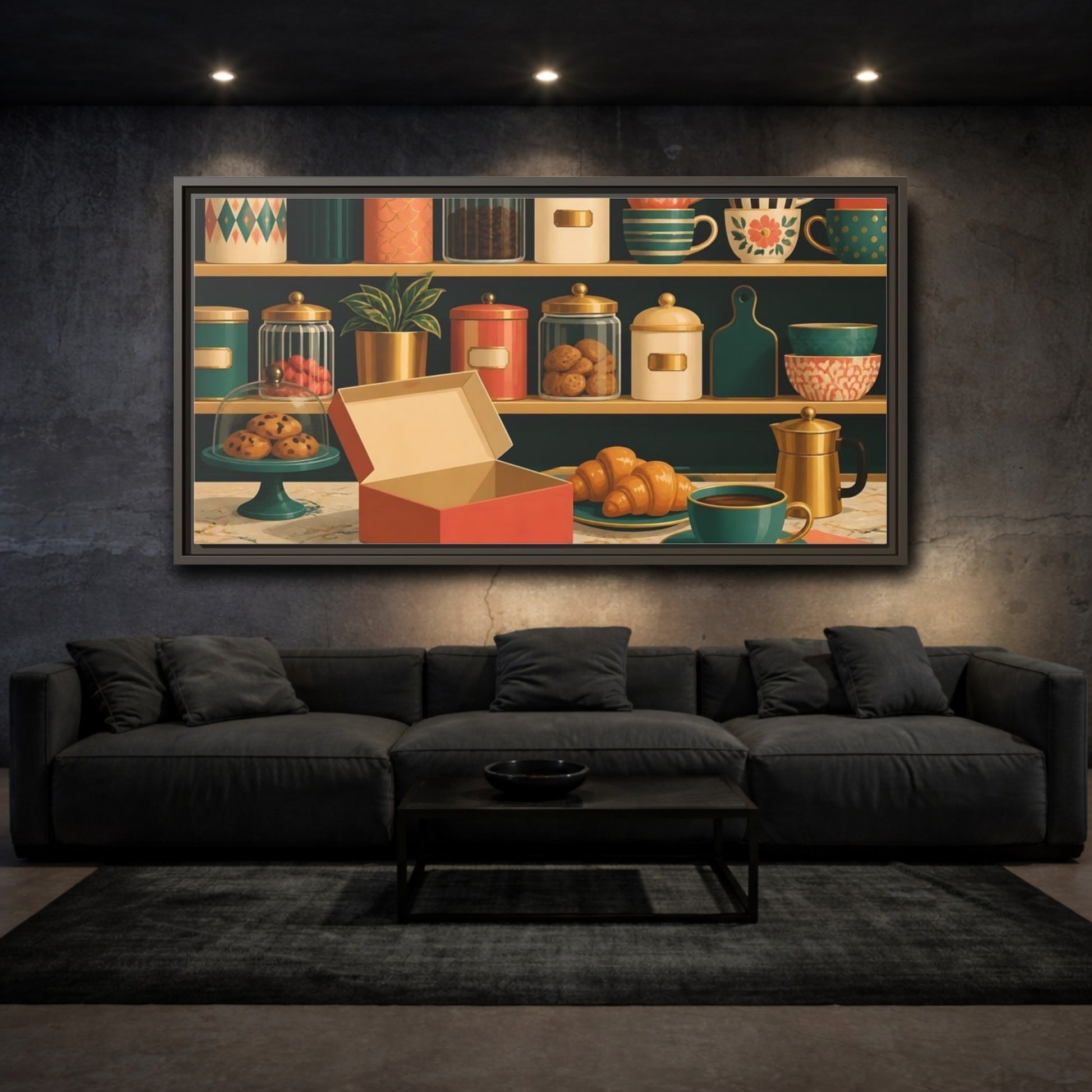 Mockup 3. Retro Coffee And Croissants shown as framed canvas print