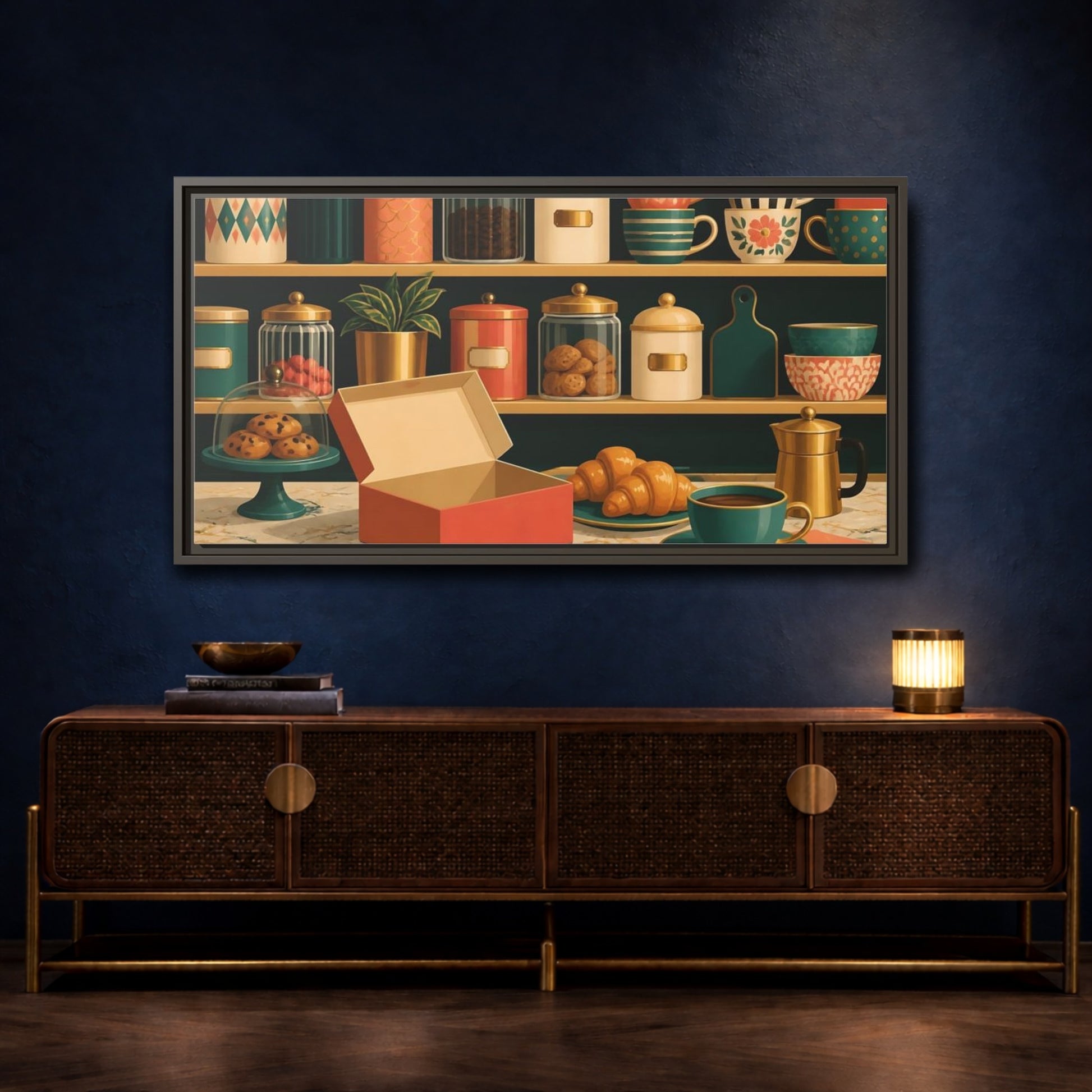 Mockup 4. Retro Coffee And Croissants shown as framed canvas print