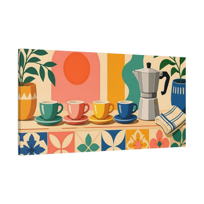 Main Mockup. Retro Colorful Coffee Cups shown as canvas print