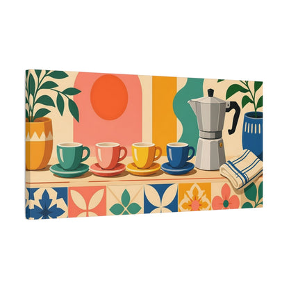 Side Mockup 1. Retro Colorful Coffee Cups shown as canvas print