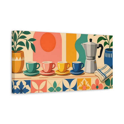 Side Mockup 3. Retro Colorful Coffee Cups shown as canvas print