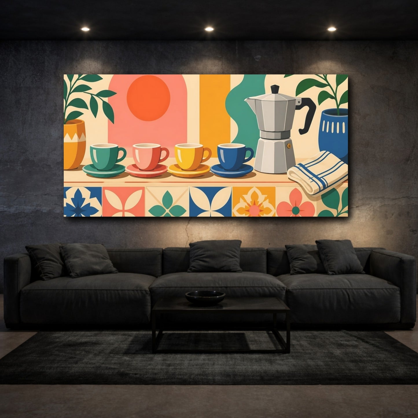 Mockup 3. Retro Colorful Coffee Cups shown as canvas print