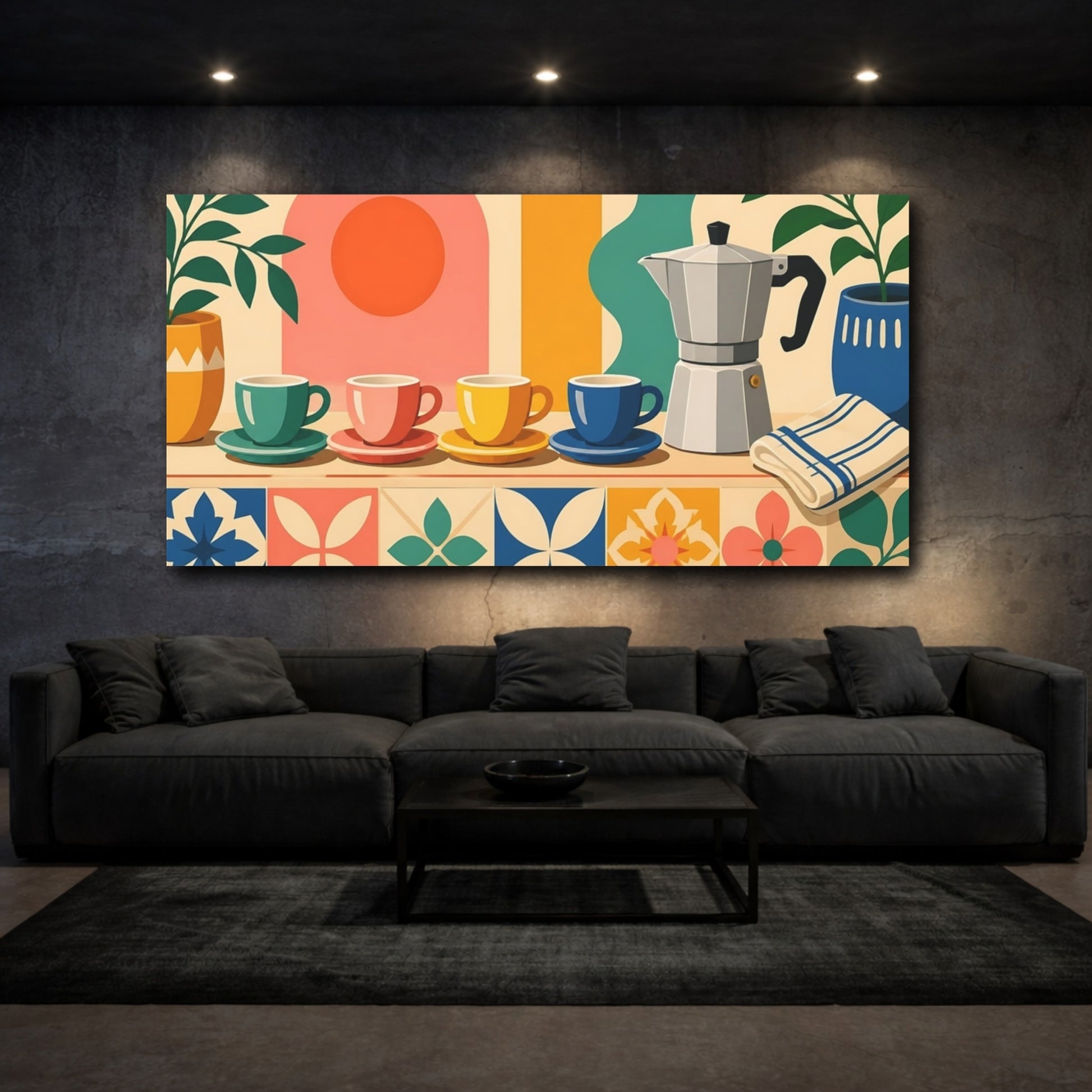 Mockup 3. Retro Colorful Coffee Cups shown as canvas print