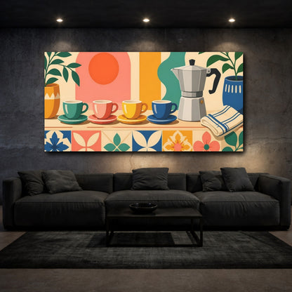 Mockup 3. Retro Colorful Coffee Cups shown as canvas print