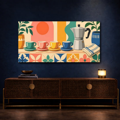 Mockup 4. Retro Colorful Coffee Cups shown as canvas print