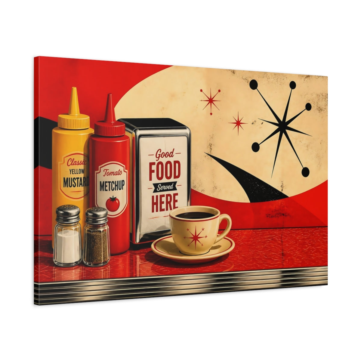 Main Mockup. Retro Diner Condiment Scene shown as canvas print