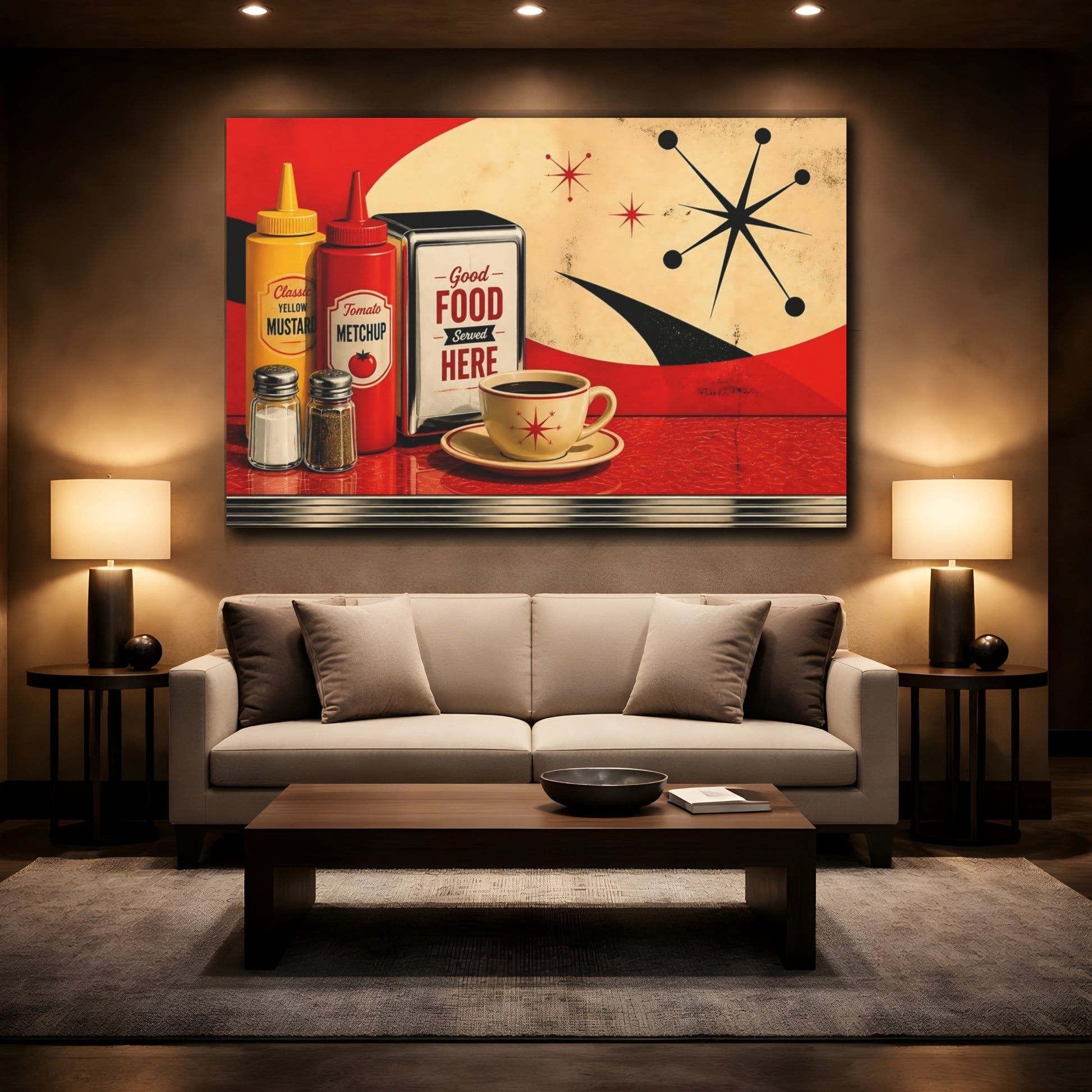 Mockup 2. Retro Diner Condiment Scene shown as canvas print