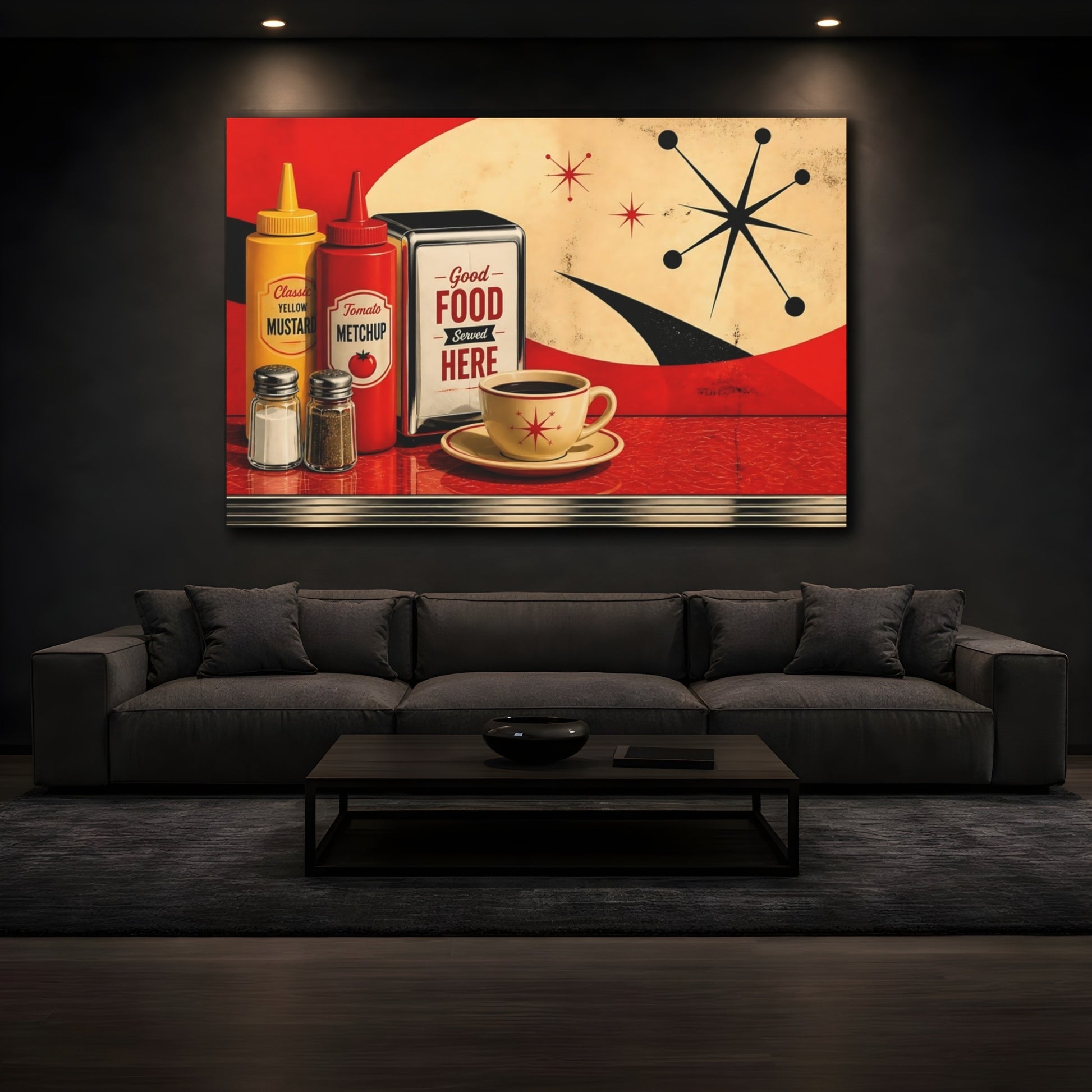 Mockup 3. Retro Diner Condiment Scene shown as canvas print