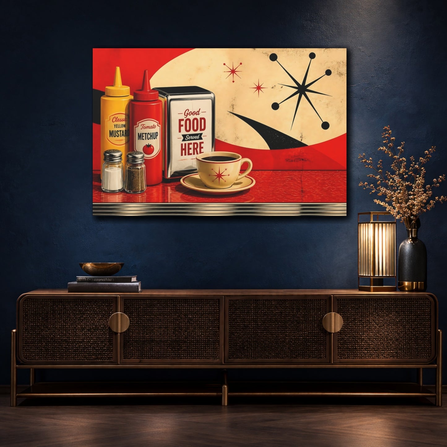 Mockup 4. Retro Diner Condiment Scene shown as canvas print