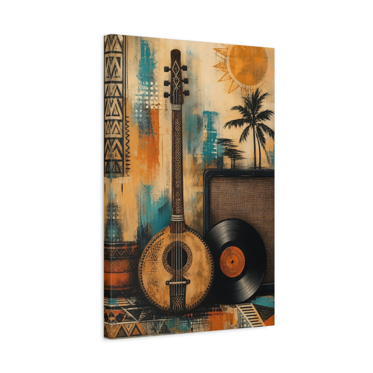 Side Mockup 3. Retro Lute And Vinyl shown as canvas print