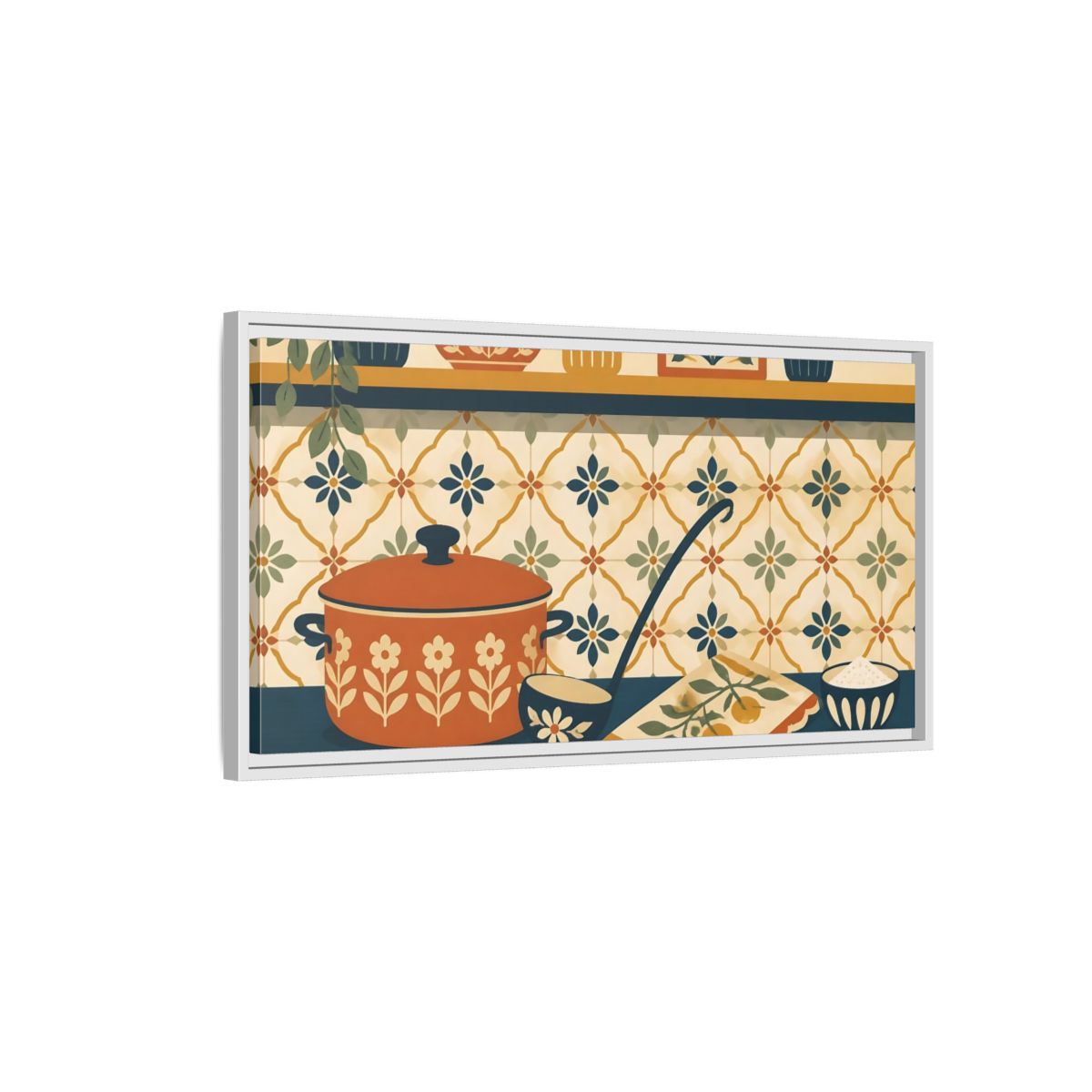 Side Mockup 1. Retro Orange Pot Still Life shown as framed canvas print