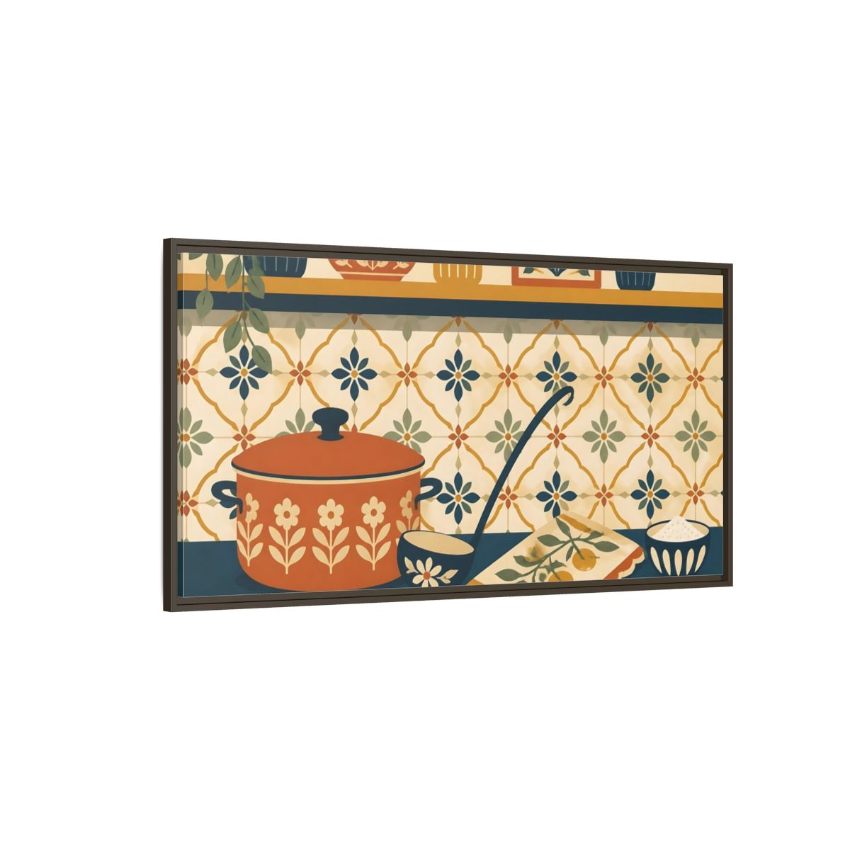 Side Mockup 4. Retro Orange Pot Still Life shown as framed canvas print