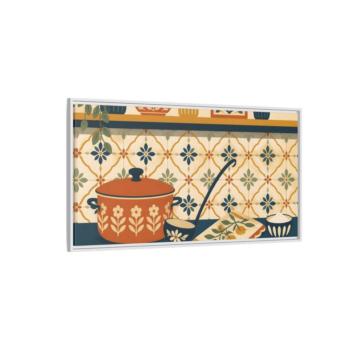 Side Mockup 3. Retro Orange Pot Still Life shown as framed canvas print