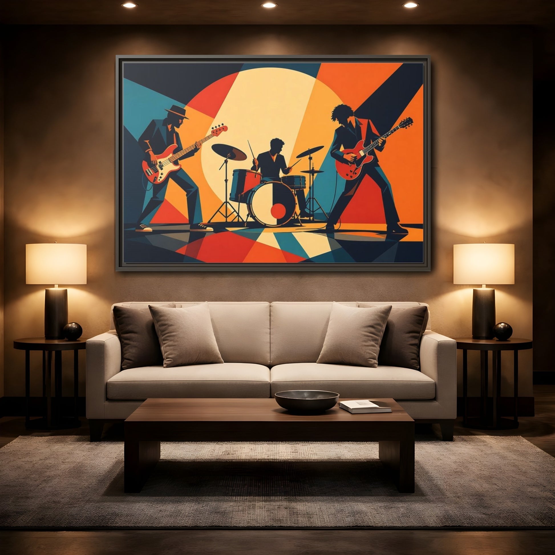 Mockup 2. Retro Rock Trio shown as framed canvas print