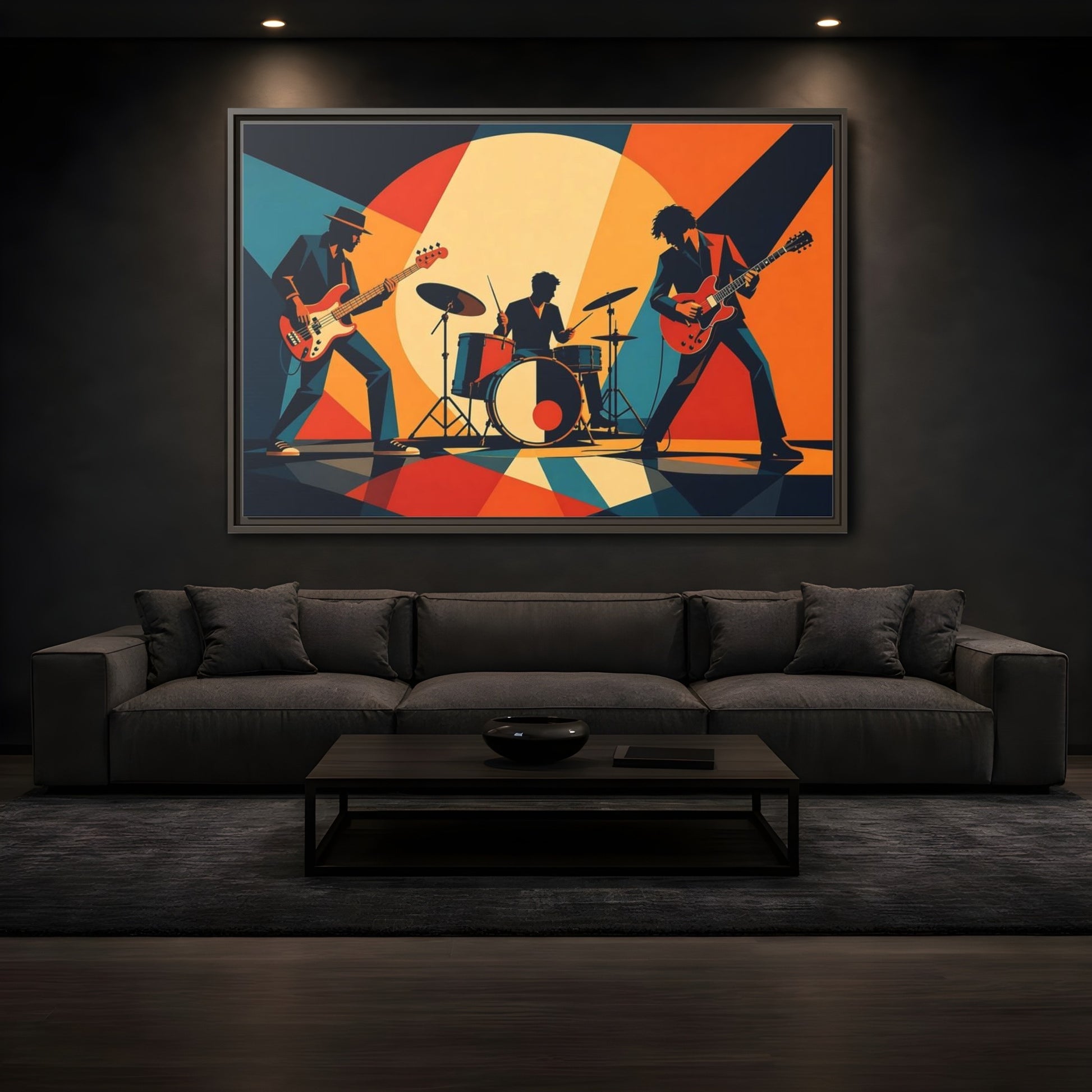 Mockup 3. Retro Rock Trio shown as framed canvas print