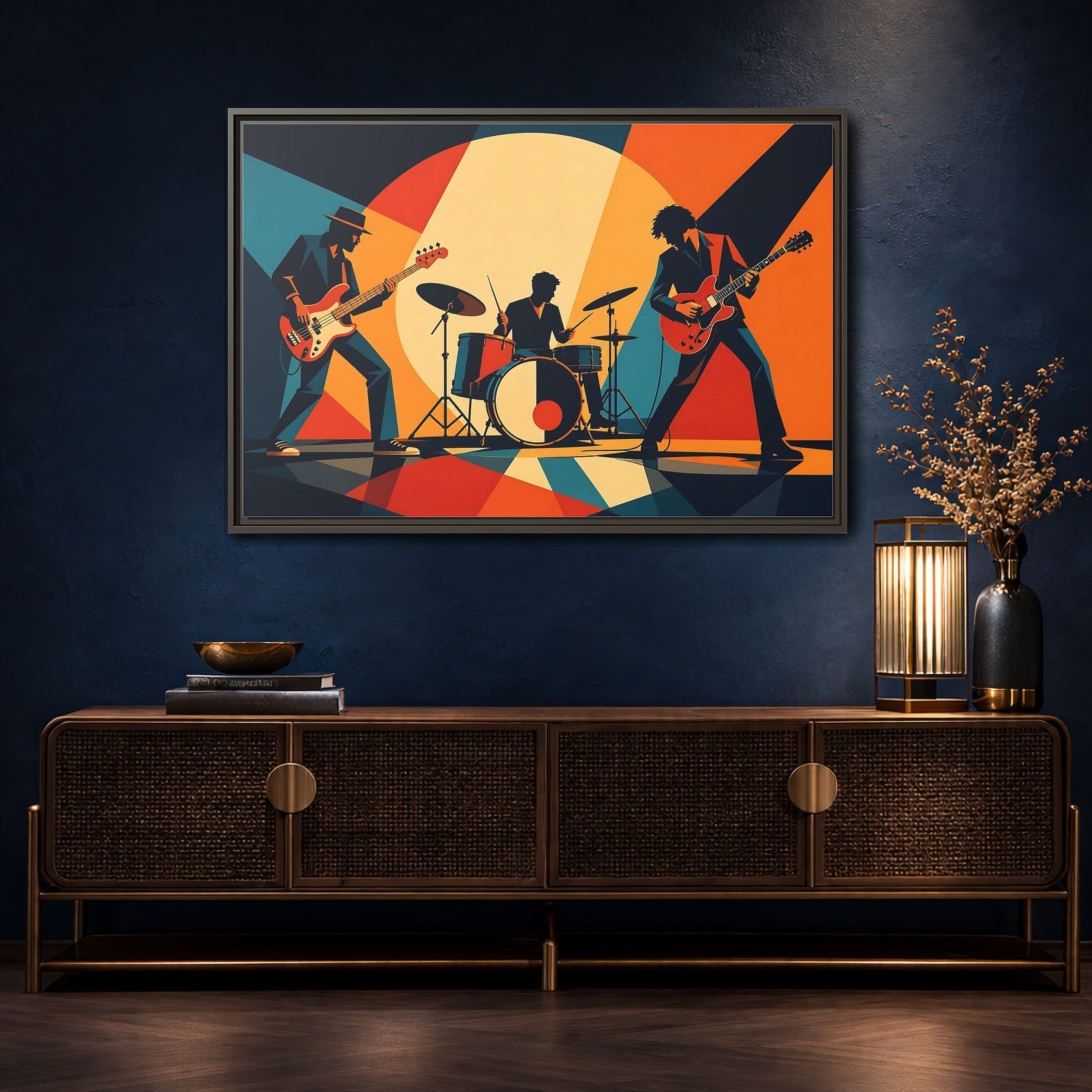 Mockup 4. Retro Rock Trio shown as framed canvas print