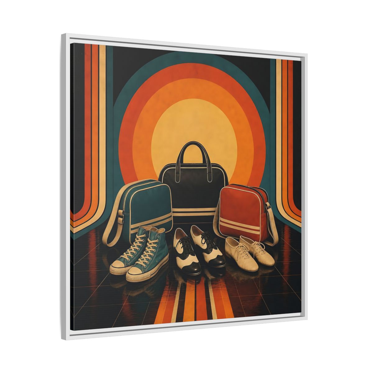 Side Mockup 25. Retro Shoes And Bags shown as framed canvas print