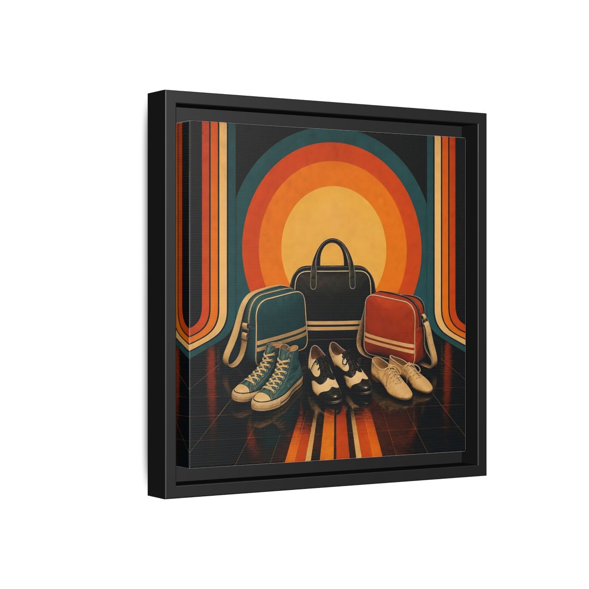 Side Mockup 18. Retro Shoes And Bags shown as framed canvas print