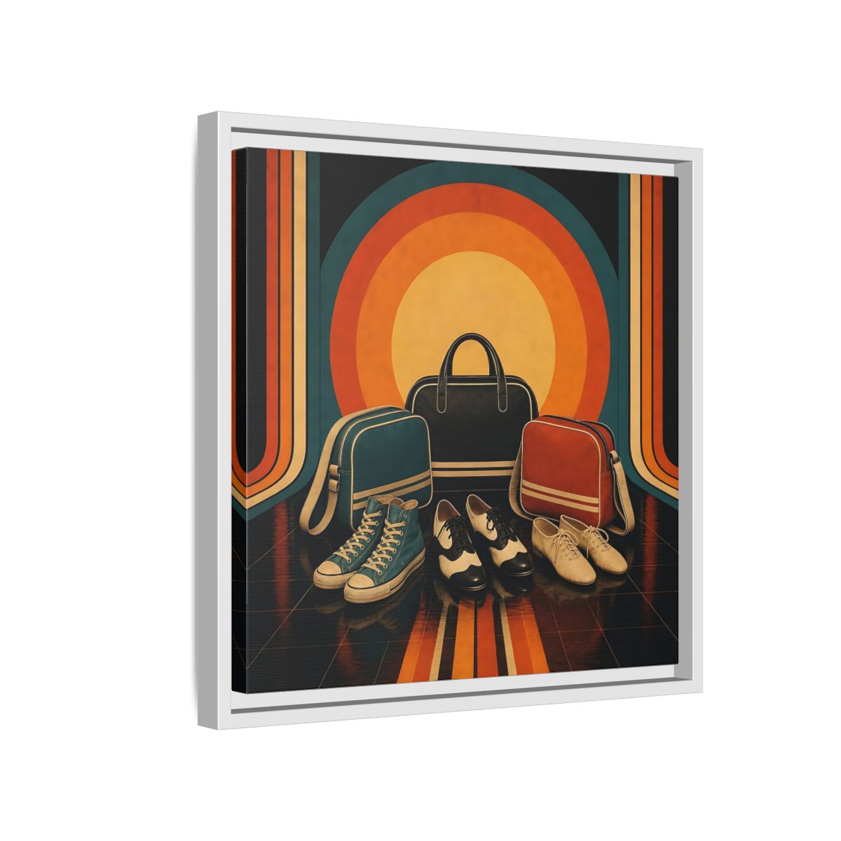 Side Mockup 13. Retro Shoes And Bags shown as framed canvas print