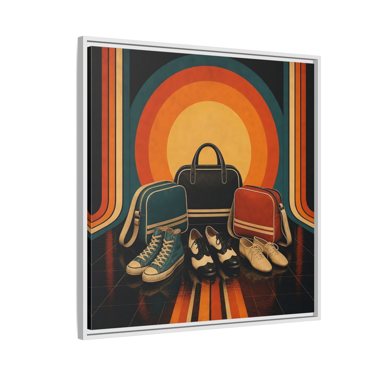 Side Mockup 7. Retro Shoes And Bags shown as framed canvas print