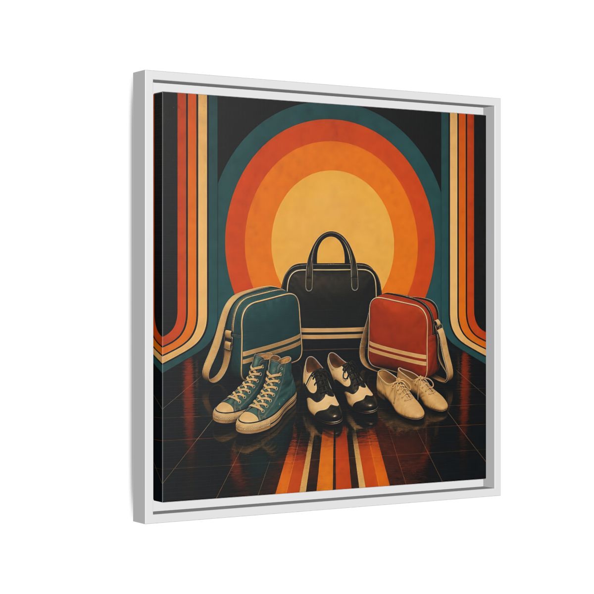 Side Mockup 10. Retro Shoes And Bags shown as framed canvas print
