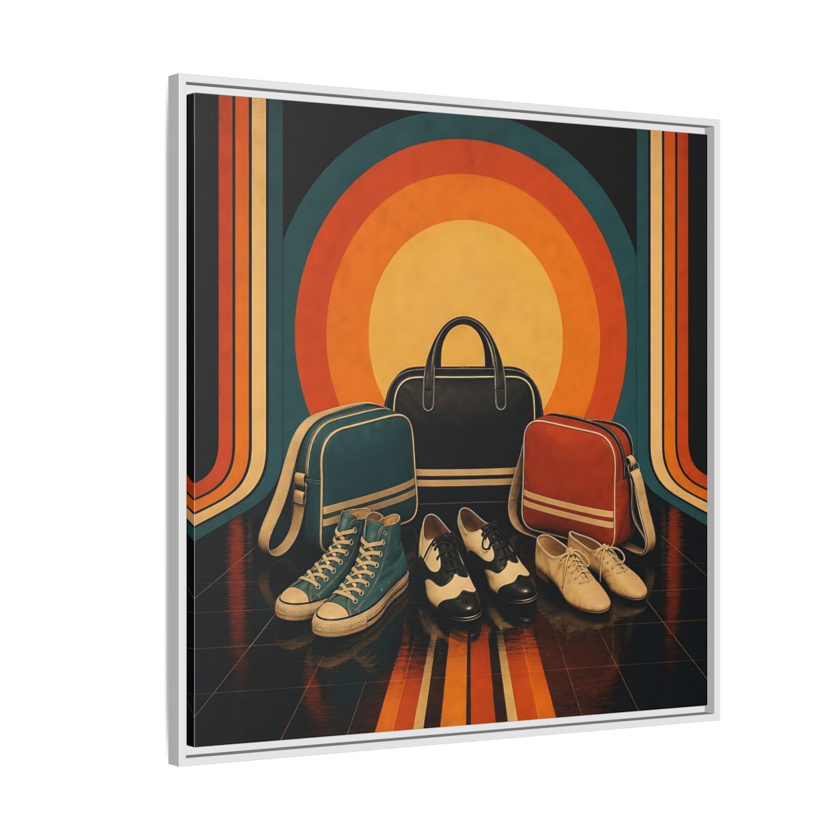 Side Mockup 4. Retro Shoes And Bags shown as framed canvas print