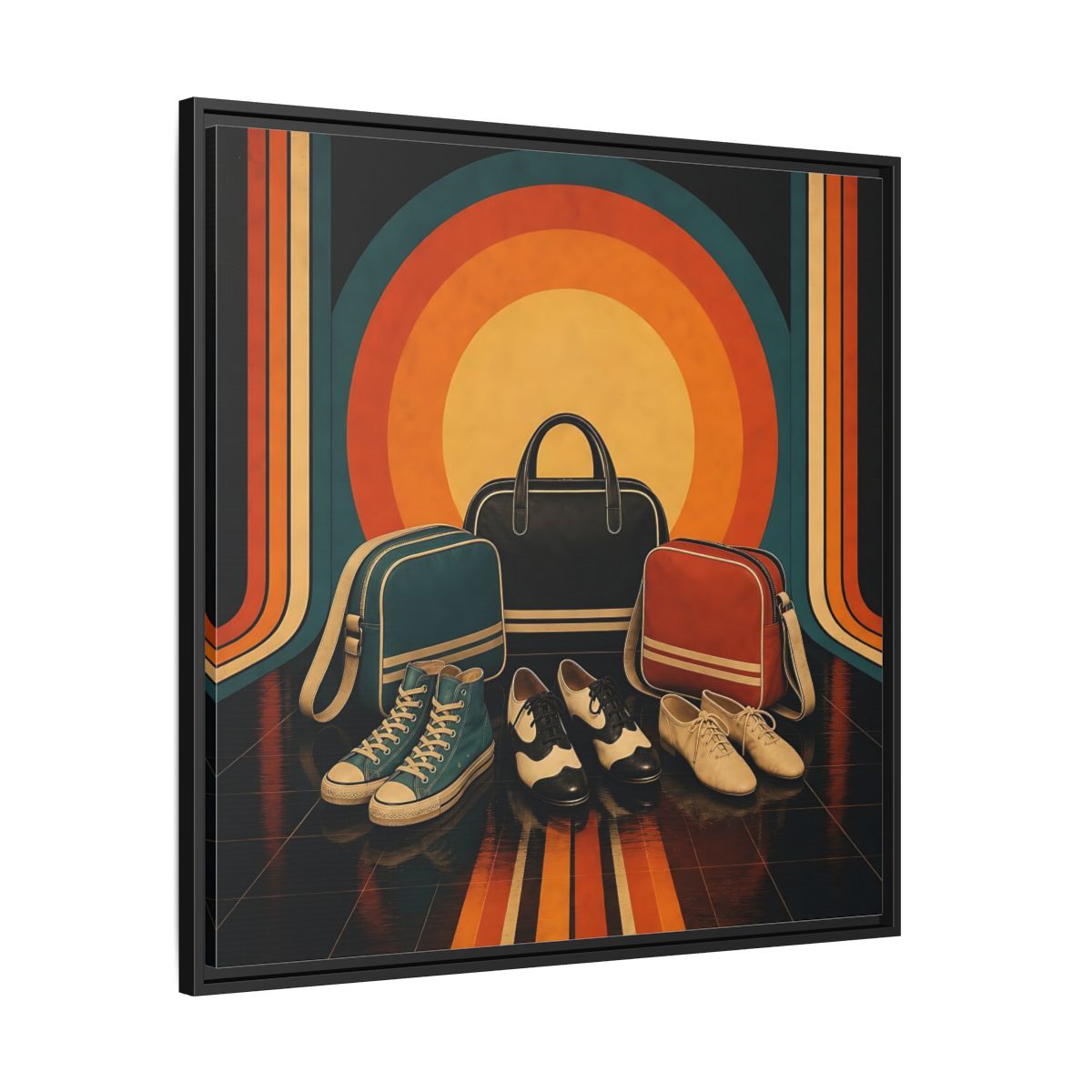 Side Mockup 30. Retro Shoes And Bags shown as framed canvas print