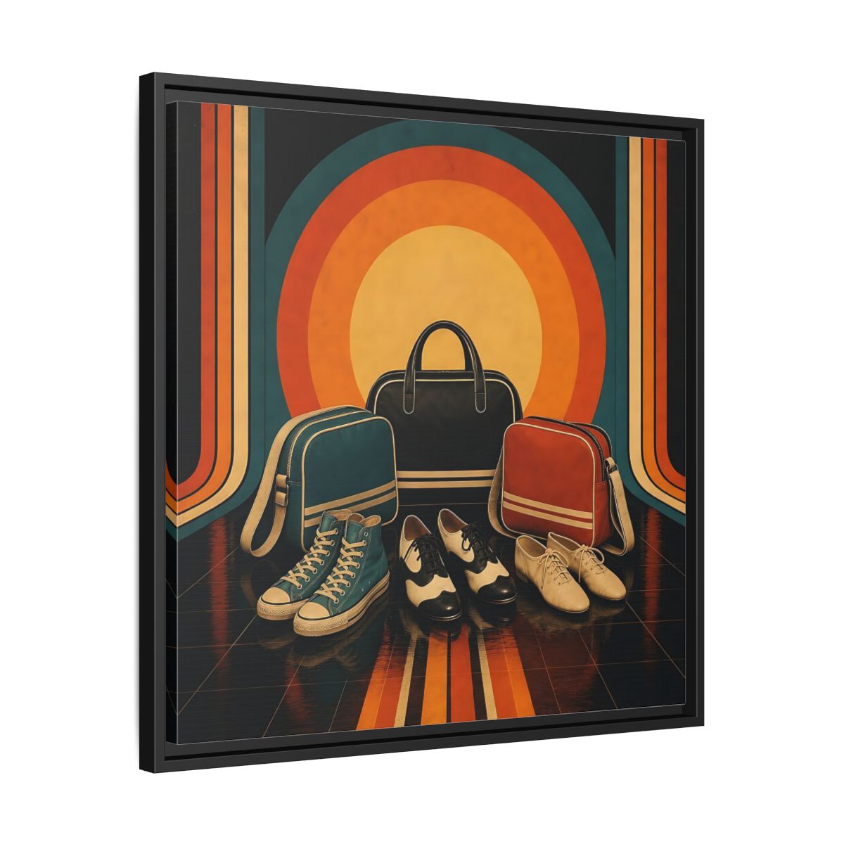 Side Mockup 31. Retro Shoes And Bags shown as framed canvas print